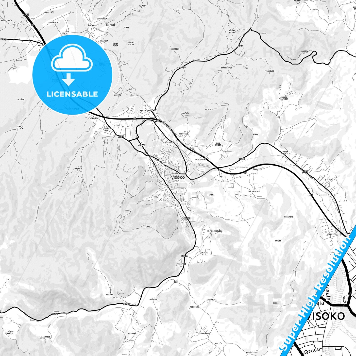 Visoko, Bosnia and Herzegovina Light Map with Street Names, City Names, and Districts