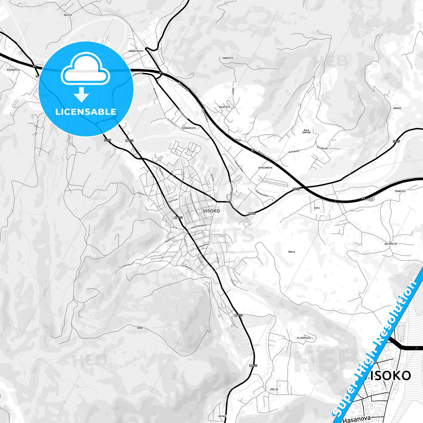 Visoko, Bosnia and Herzegovina Light Map with Street Names, City Names, and Districts