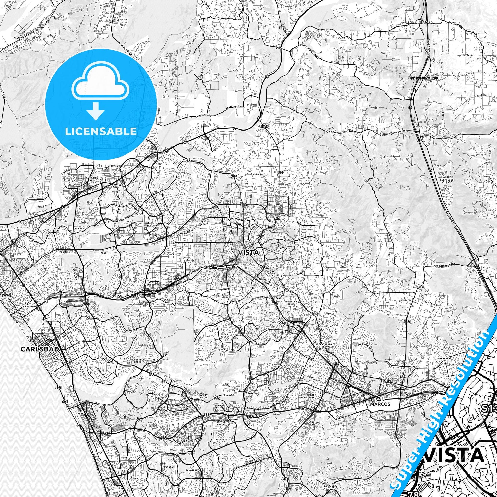 Vista, California light map with streetnames, citynames and districts