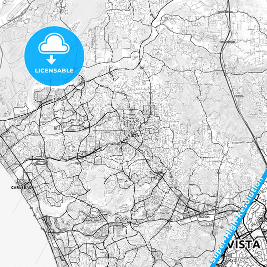 Vista, California light map with streetnames, citynames and districts