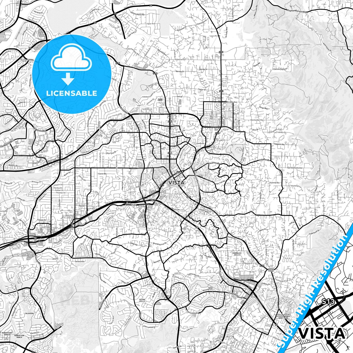 Vista, California Light Map with Street Names, City Names, and Districts
