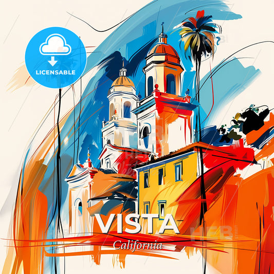 Vibrant Vista, California - A Painting Of A Skyline With A Colorful Building - Square format print template
