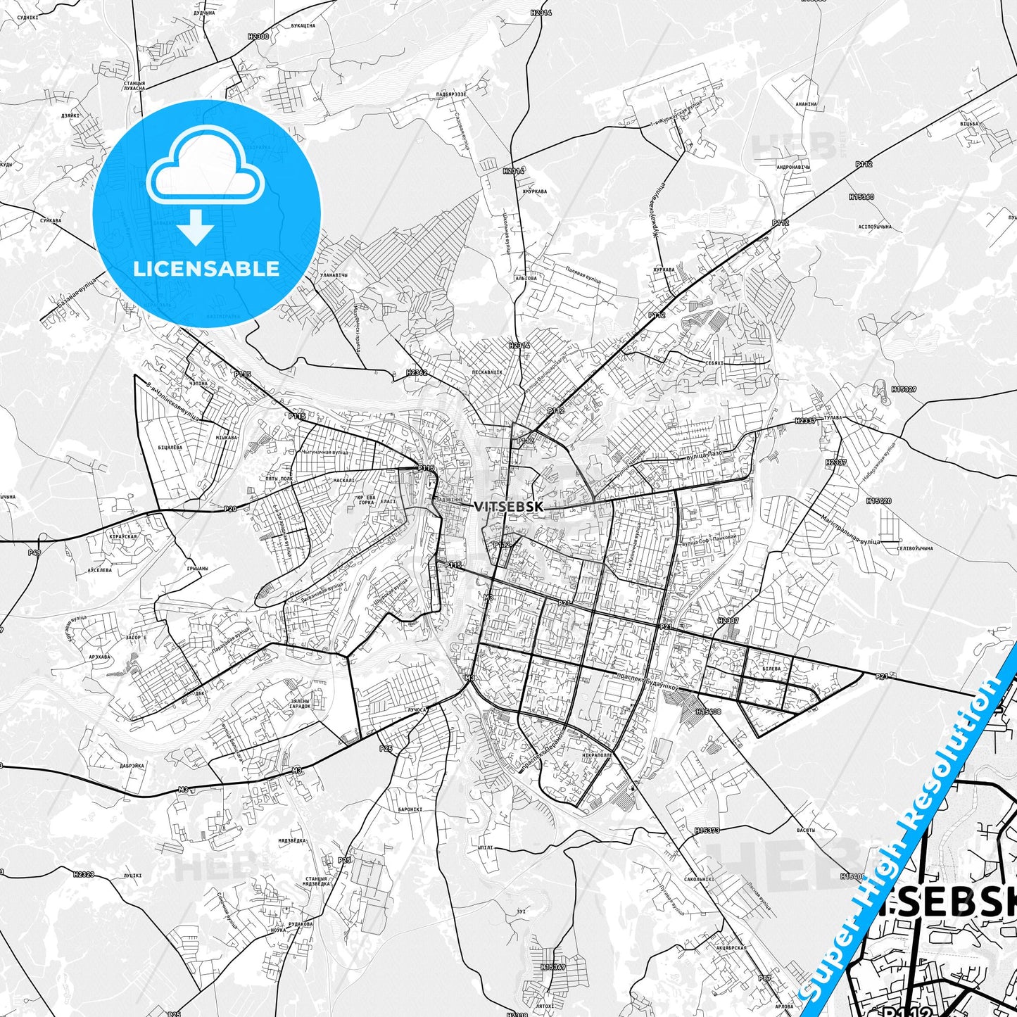 Vitebsk, Belarus light map with streetnames, citynames and districts