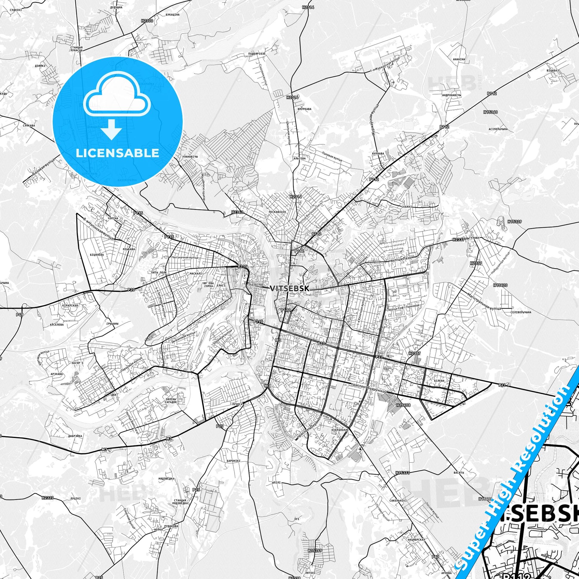 Vitebsk, Belarus light map with streetnames, citynames and districts