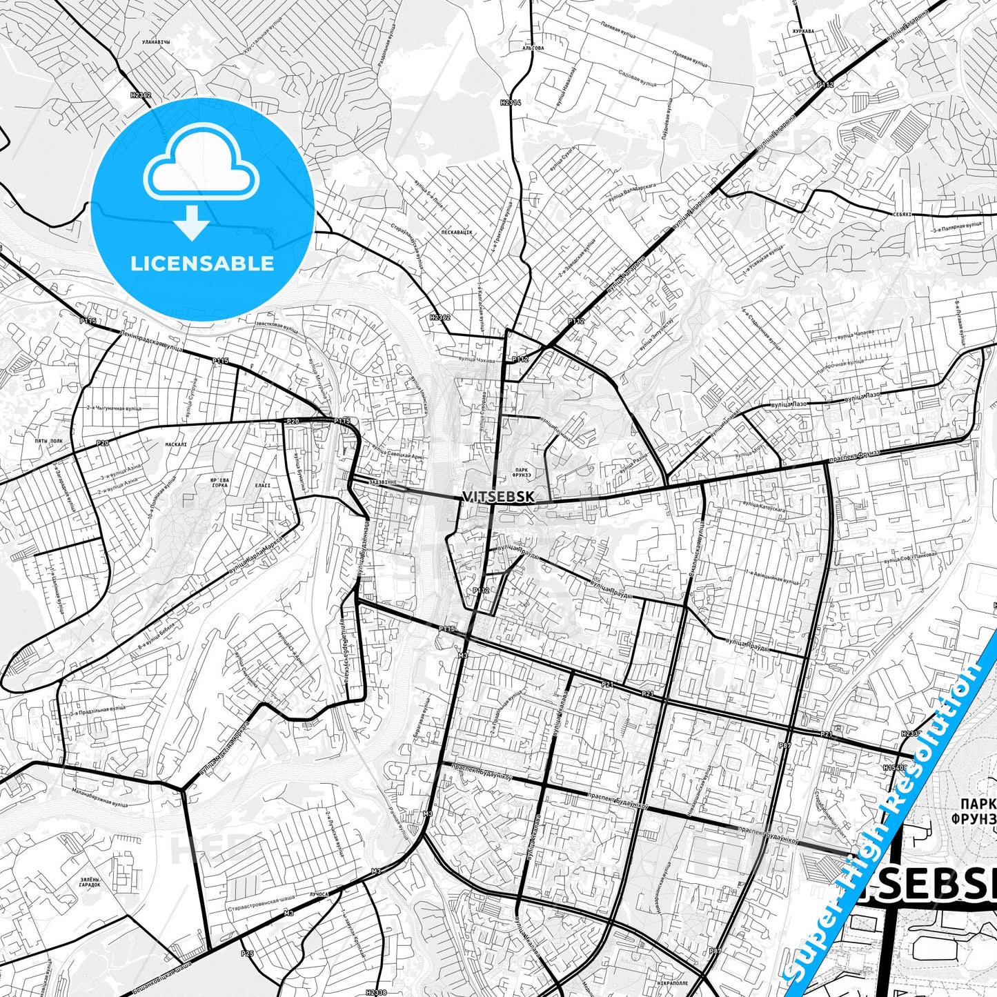 Vitebsk, Belarus Light Map with Street Names, City Names, and Districts