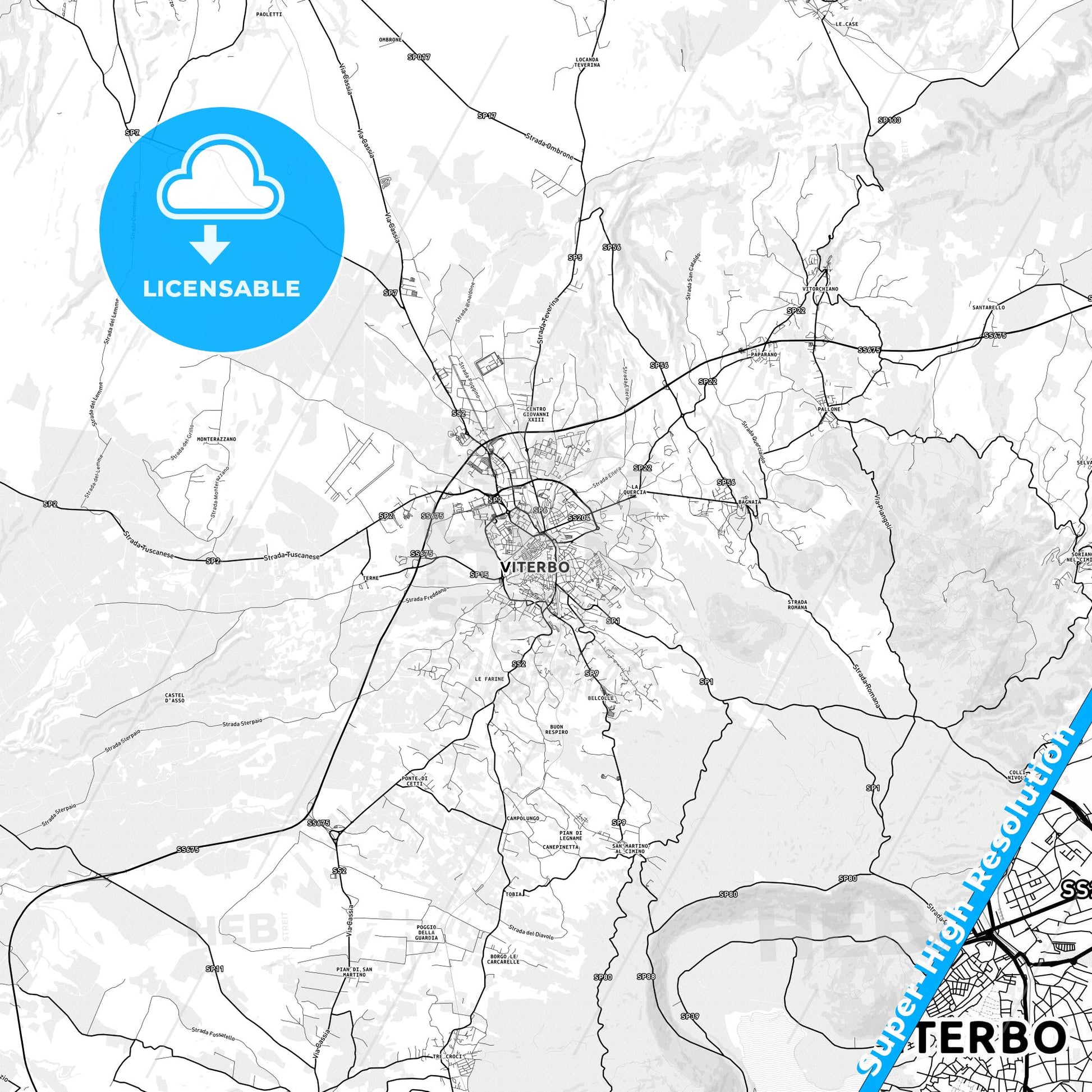 Viterbo, Italy light map with streetnames, citynames and districts
