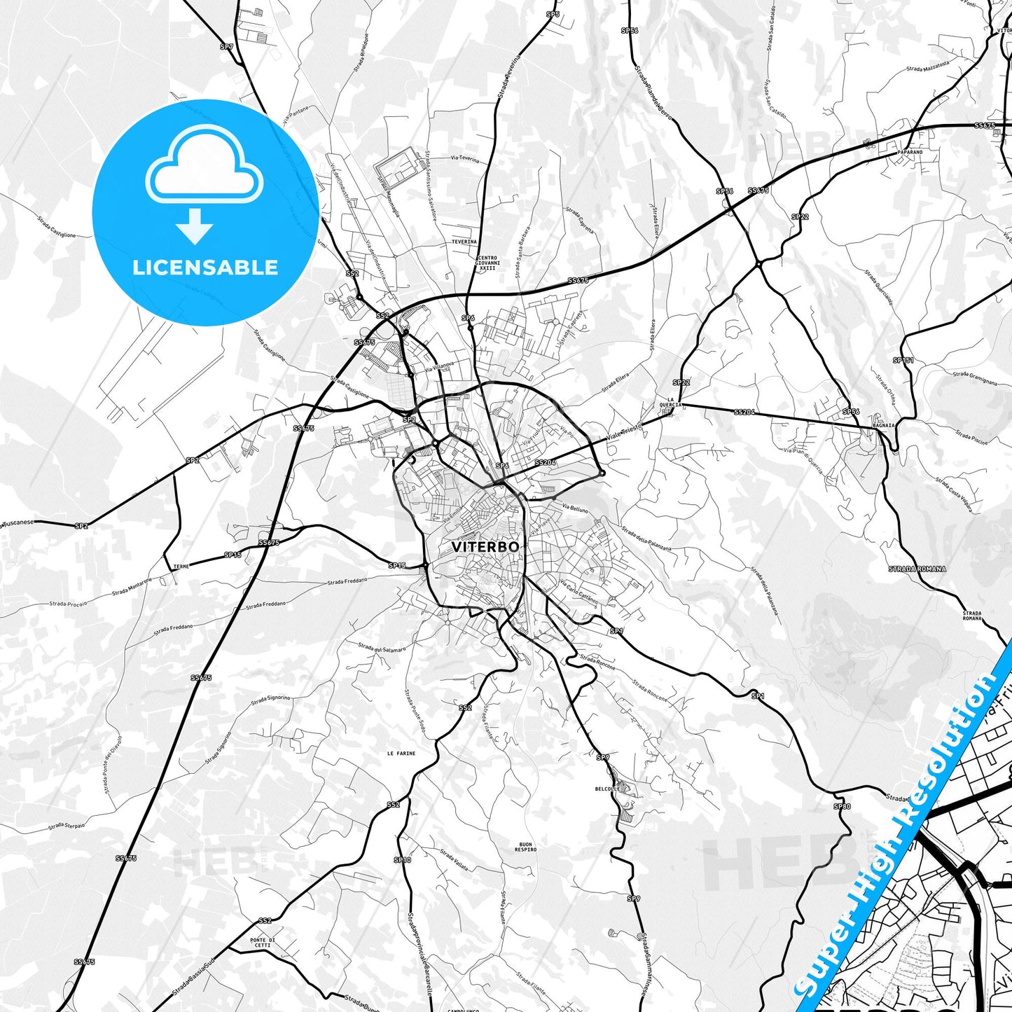 Viterbo, Italy Light Map with Street Names, City Names, and Districts