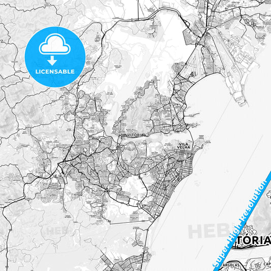 Vitoria, Brazil light map with streetnames, citynames and districts