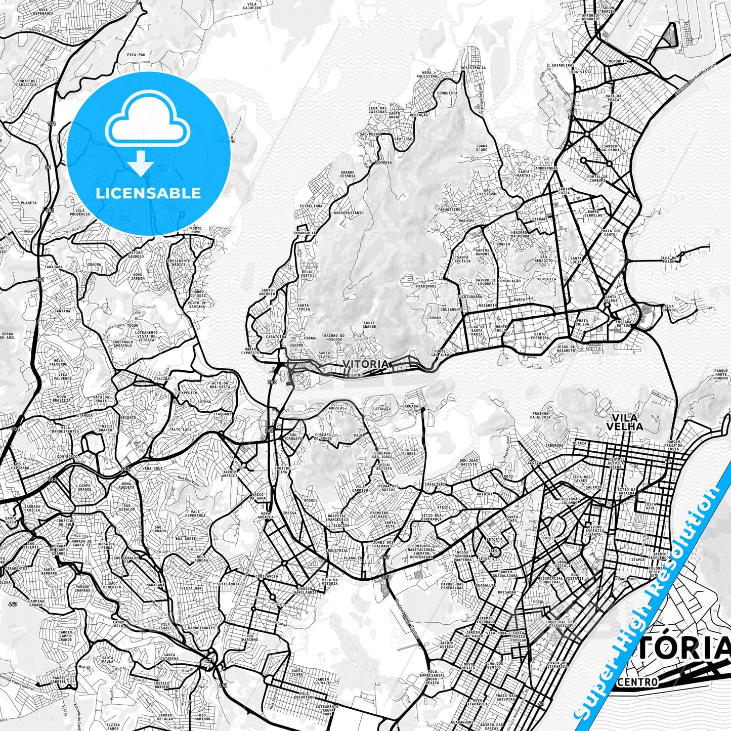 Vitoria, Brazil Light Map with Street Names, City Names, and Districts