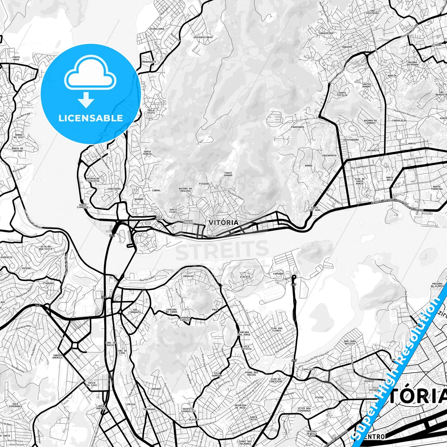 Vitoria, Brazil Light Map with Street Names, City Names, and Districts