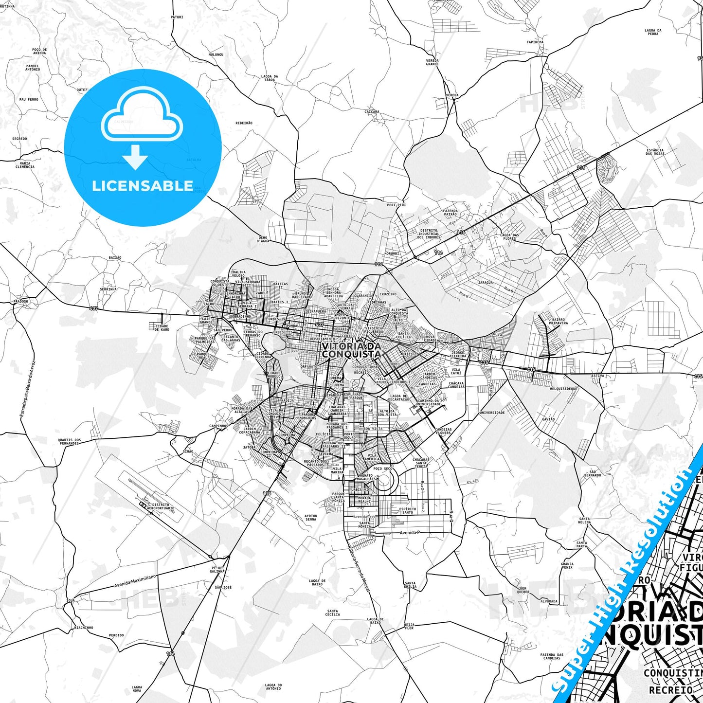 Vitoria da Conquista, Brazil light map with streetnames, citynames and districts