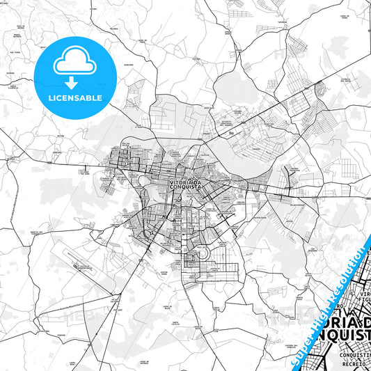Vitoria da Conquista, Brazil light map with streetnames, citynames and districts