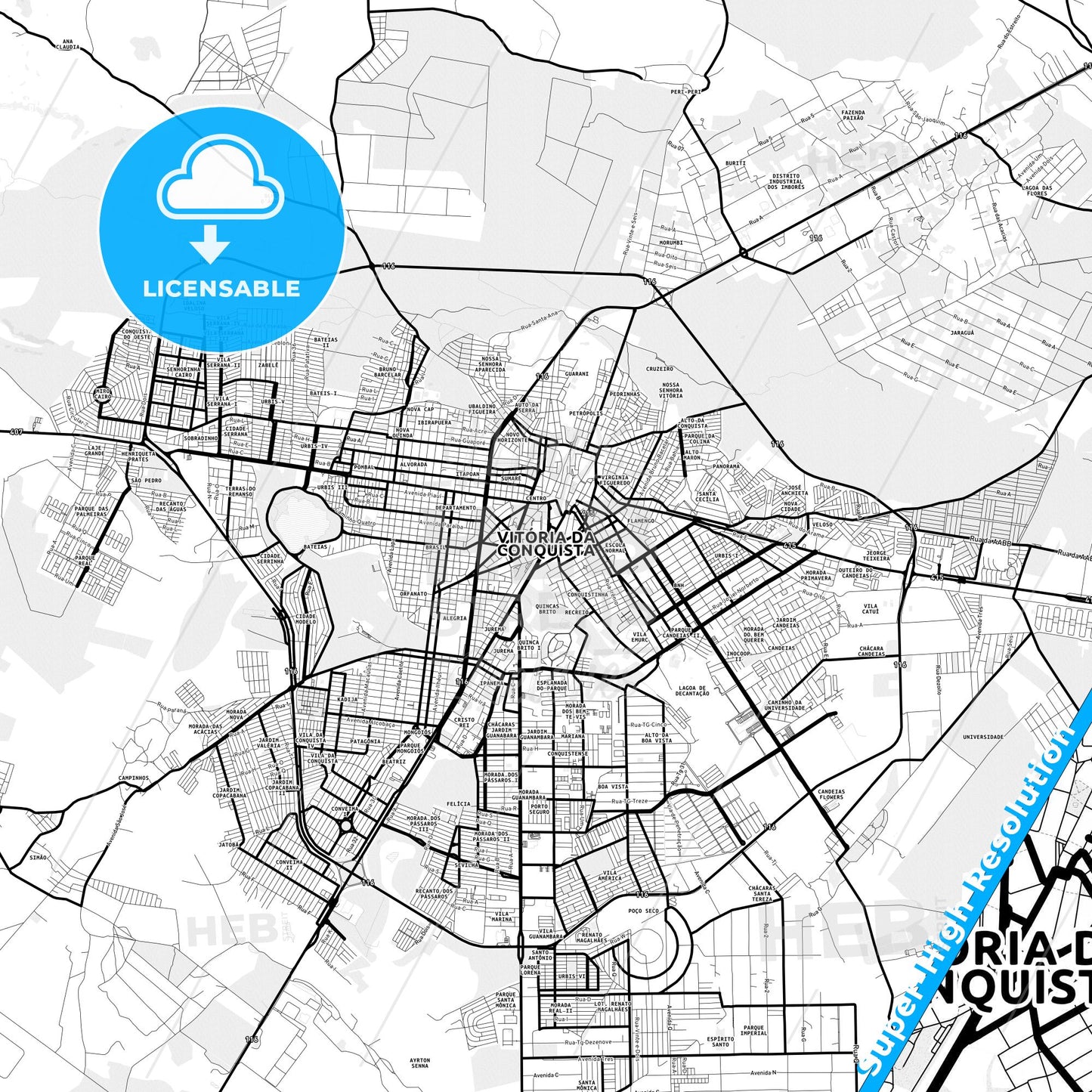 Vitoria da Conquista, Brazil Light Map with Street Names, City Names, and Districts