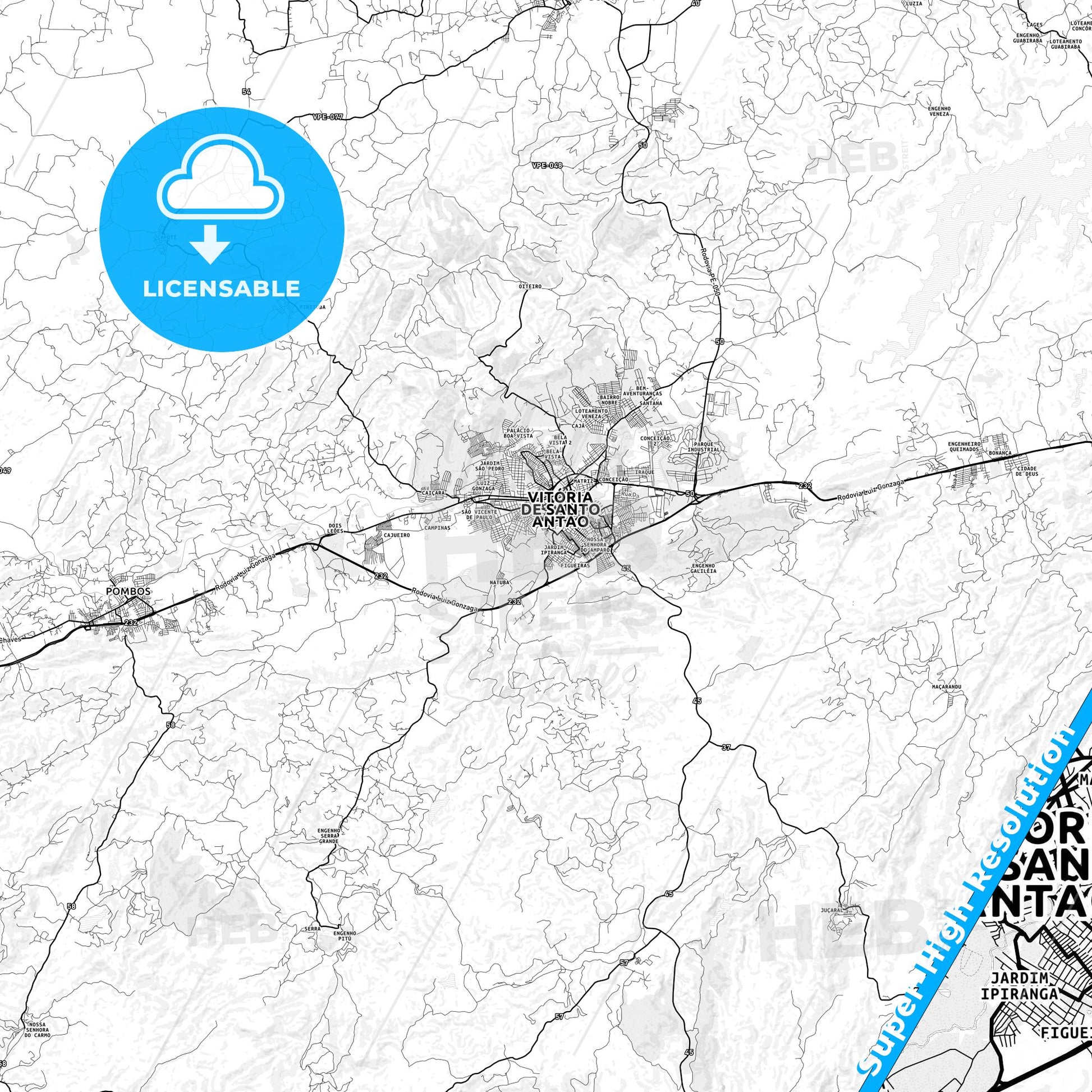 Vitoria de Santo Antao, Brazil light map with streetnames, citynames and districts