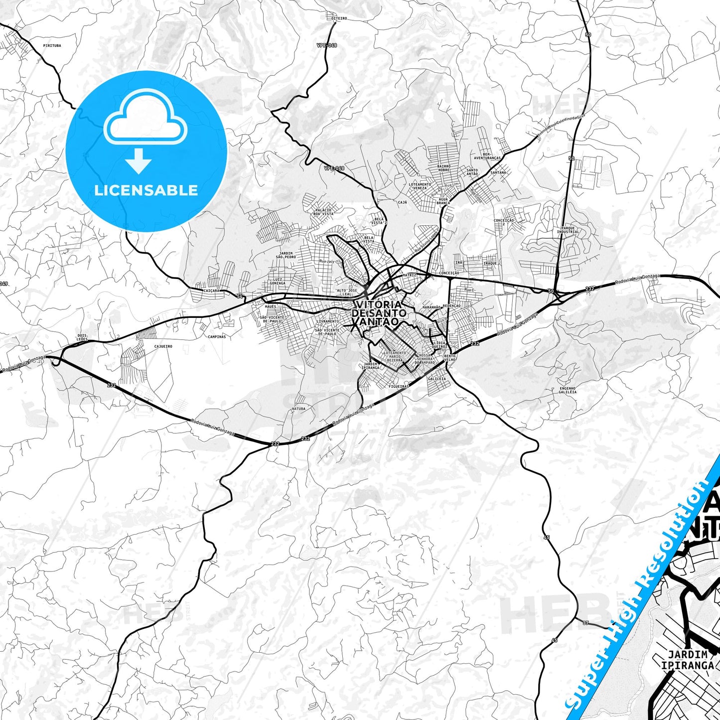 Vitoria de Santo Antao, Brazil Light Map with Street Names, City Names, and Districts