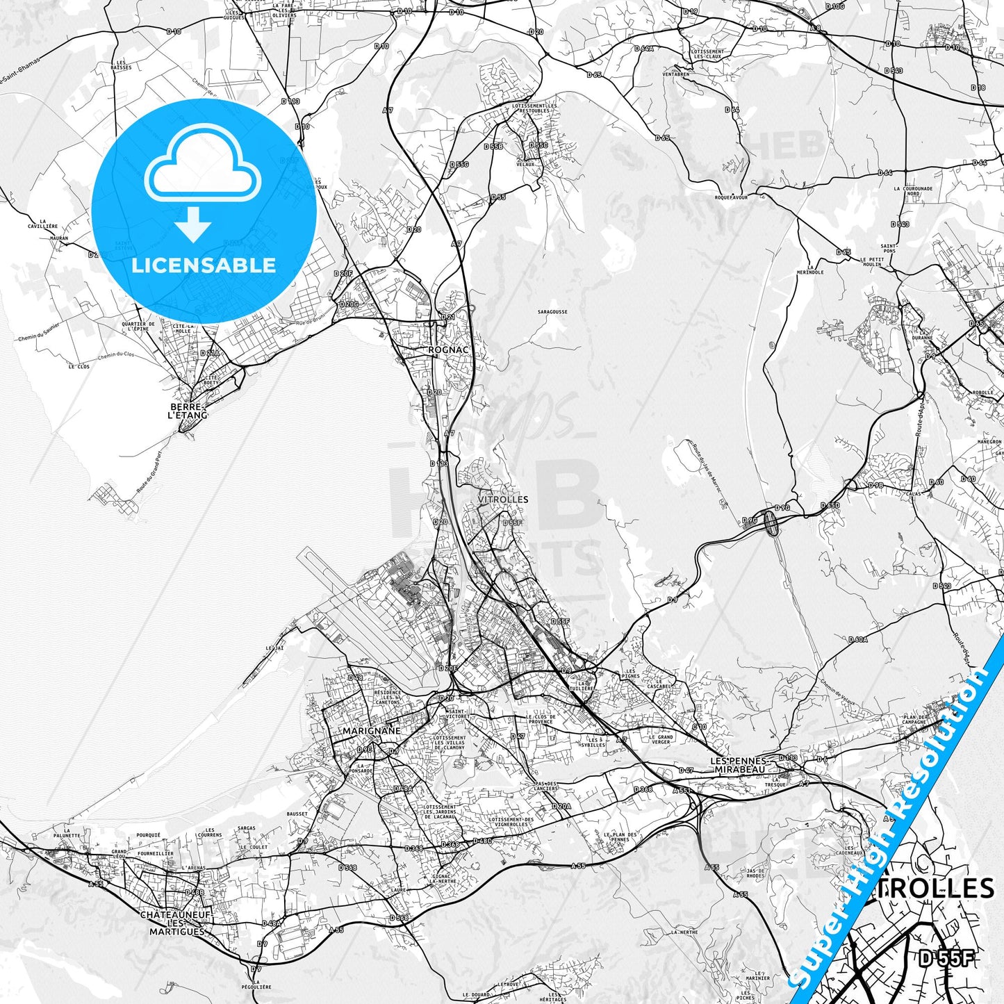 Vitrolles, France light map with streetnames, citynames and districts