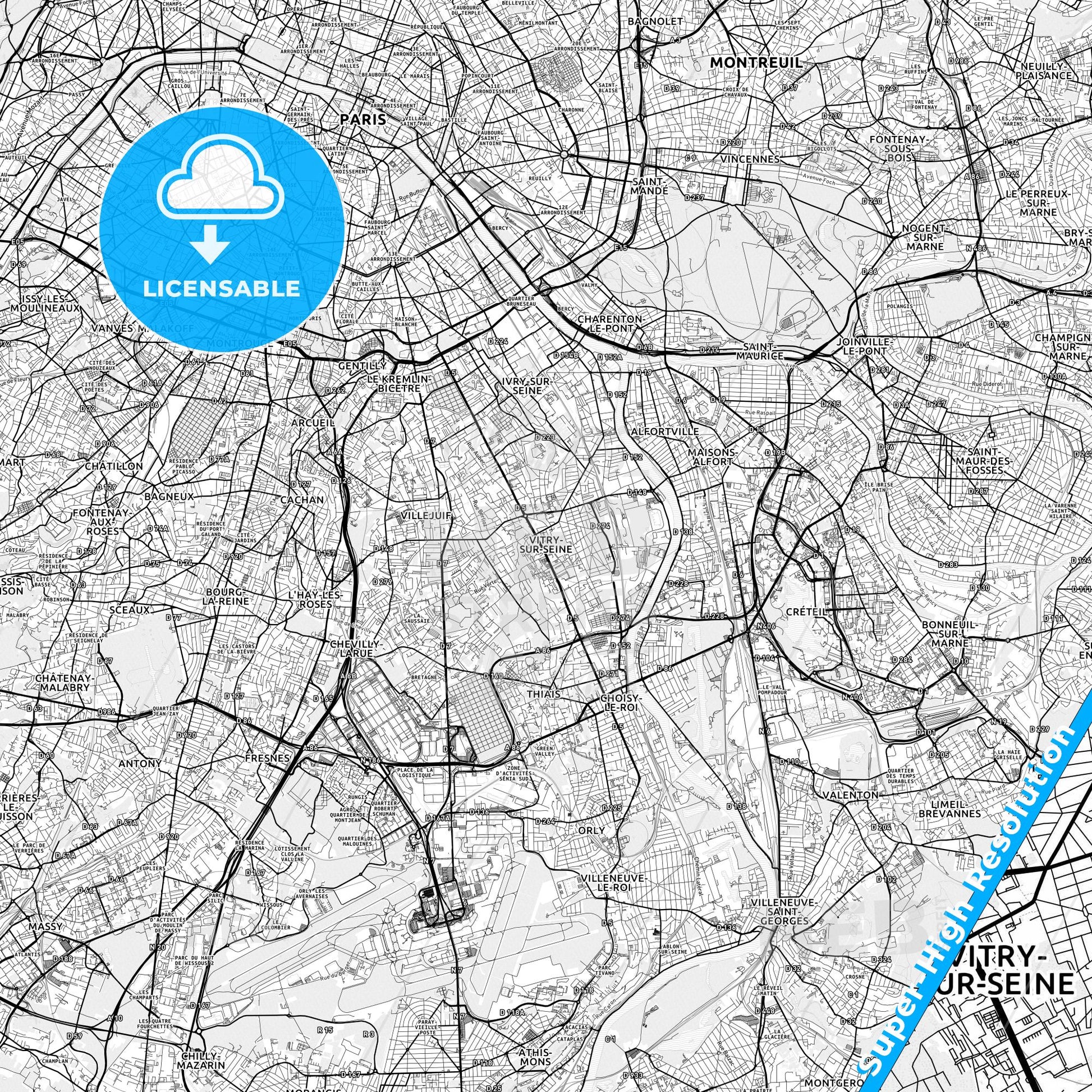 Vitry-sur-Seine, France light map with streetnames, citynames and districts