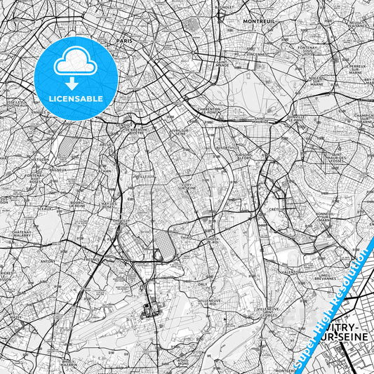 Vitry-sur-Seine, France light map with streetnames, citynames and districts