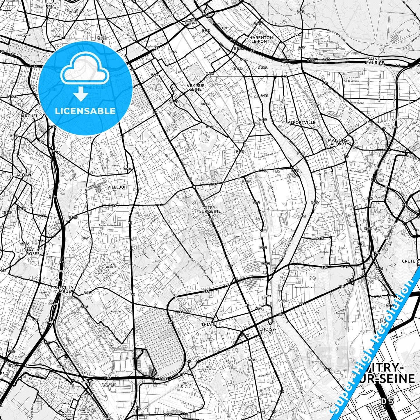 Vitry-sur-Seine, France Light Map with Street Names, City Names, and Districts