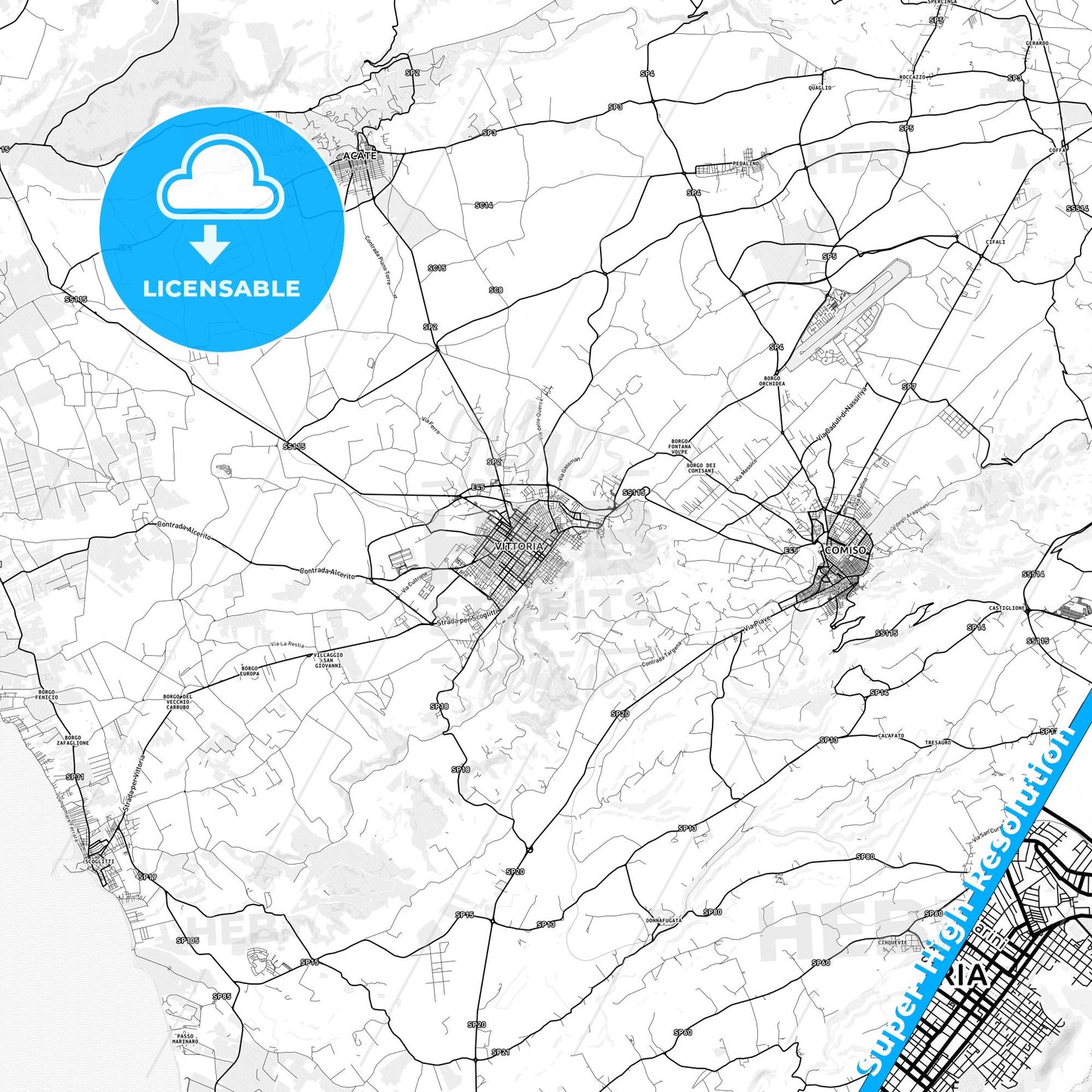 Vittoria, Italy light map with streetnames, citynames and districts