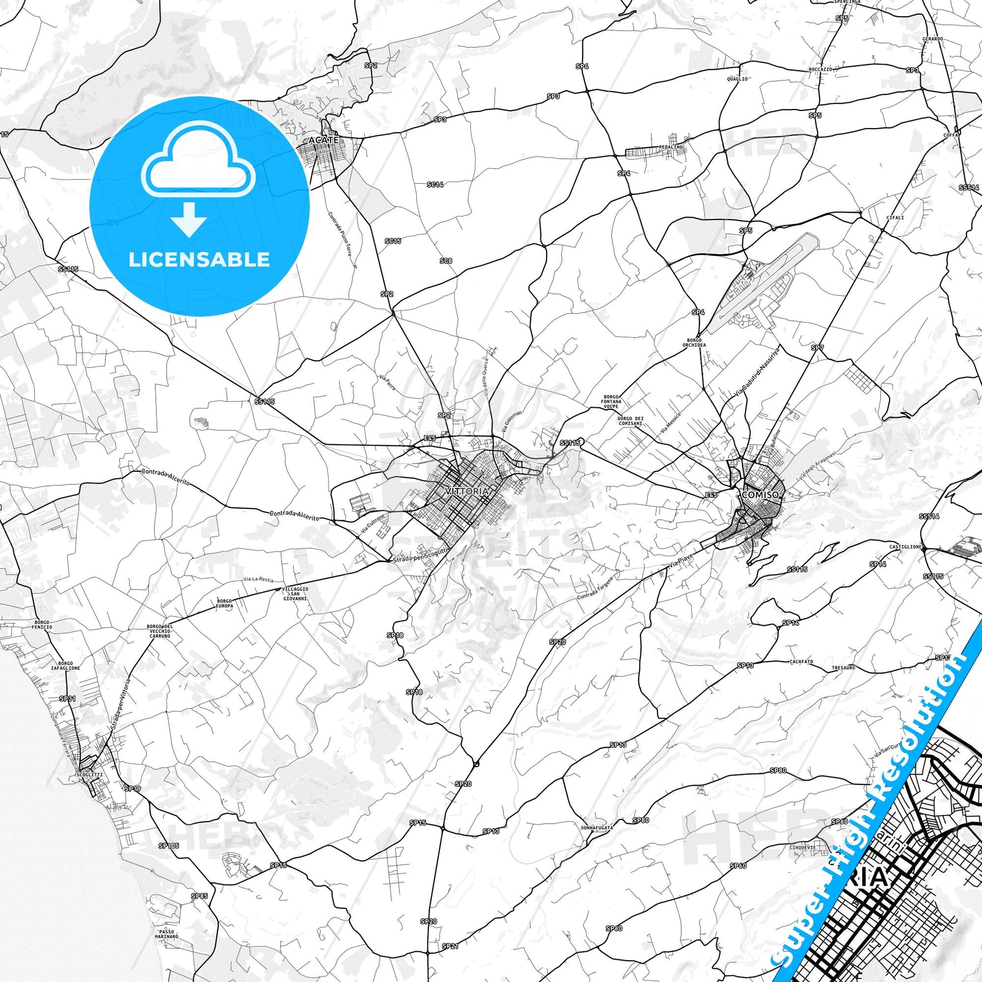 Vittoria, Italy light map with streetnames, citynames and districts