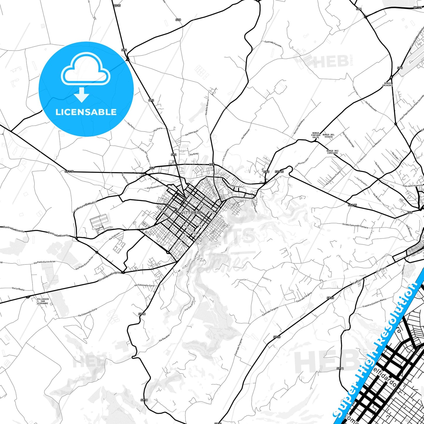 Vittoria, Italy Light Map with Street Names, City Names, and Districts