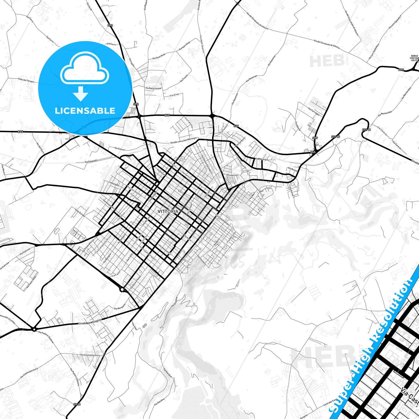 Vittoria, Italy Light Map with Street Names, City Names, and Districts