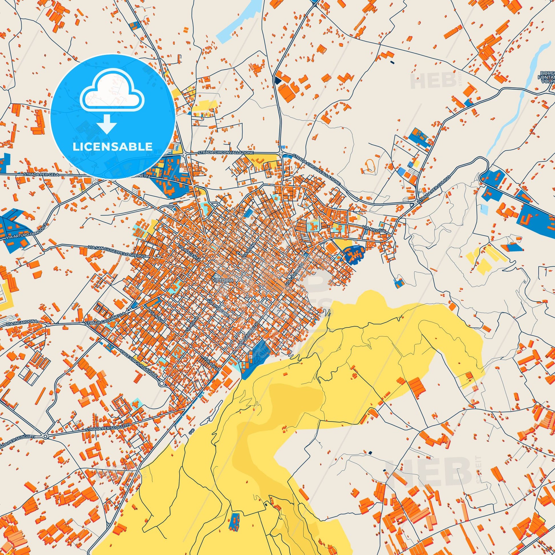 Colorful Vittoria Street Map with Labels and Buildings