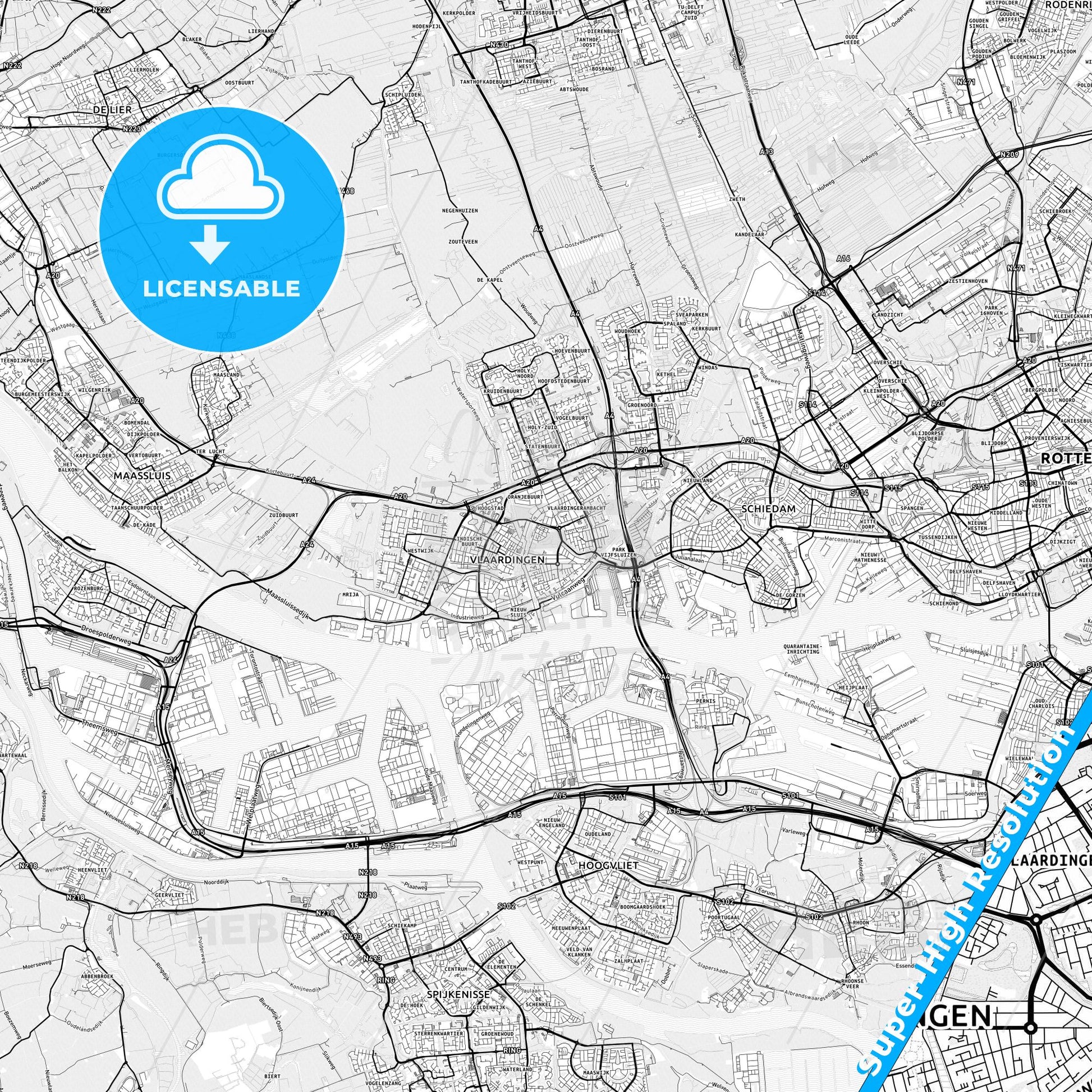 Vlaardingen, Netherlands light map with streetnames, citynames and districts
