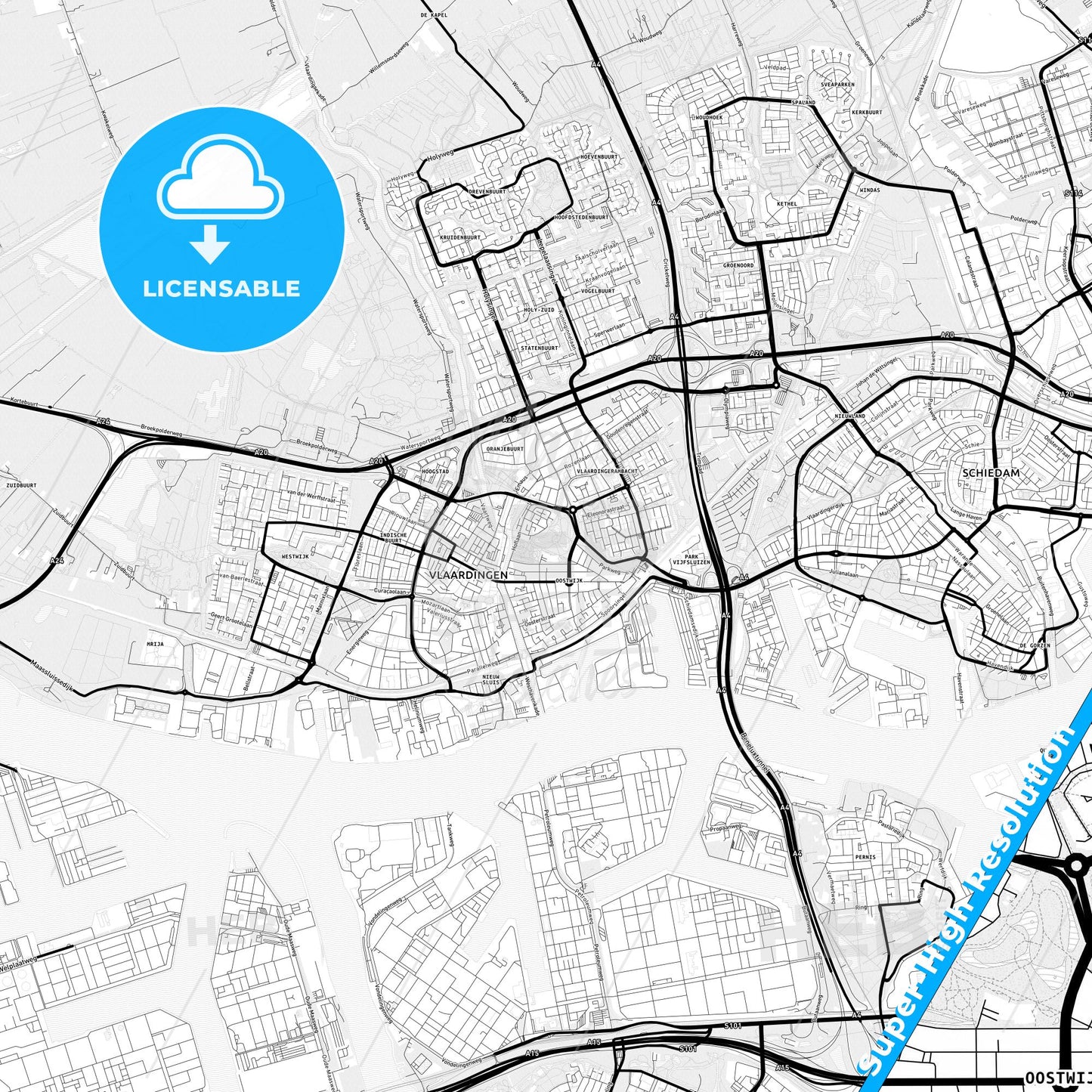 Vlaardingen, Netherlands Light Map with Street Names, City Names, and Districts