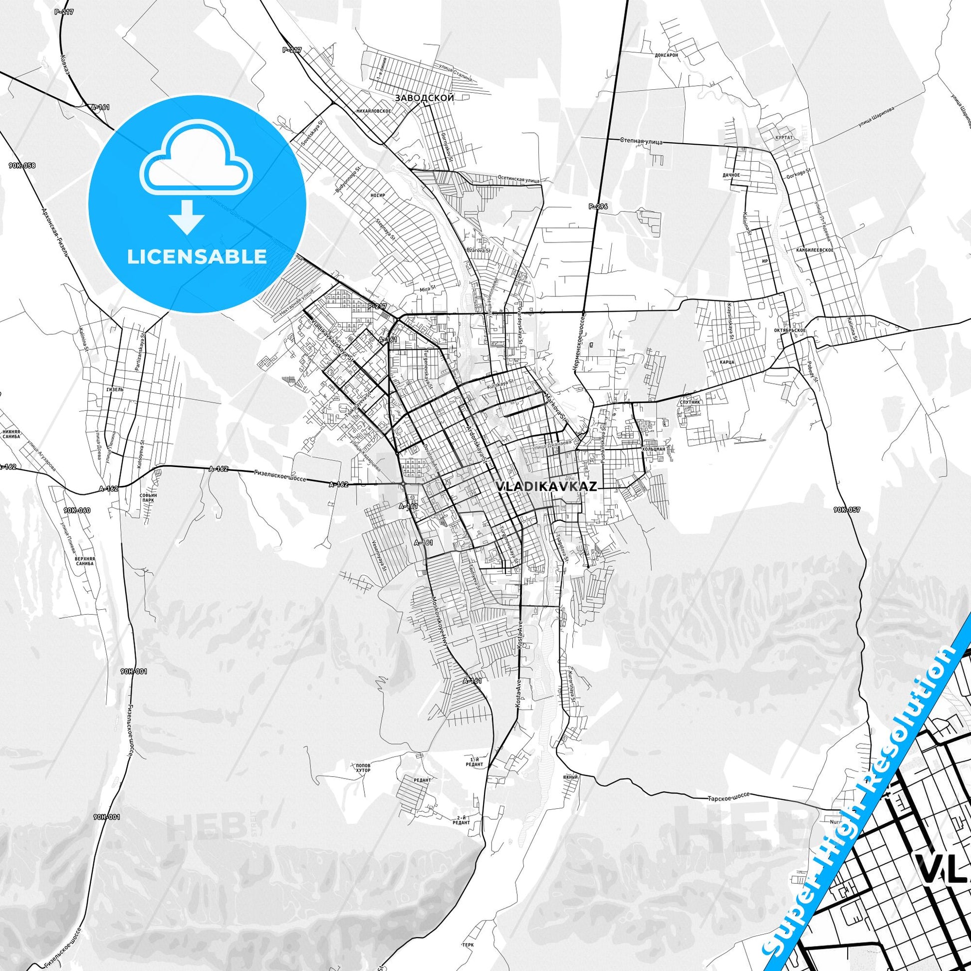 Vladikavkaz, Russia light map with streetnames, citynames and districts