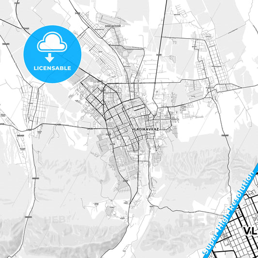 Vladikavkaz, Russia light map with streetnames, citynames and districts