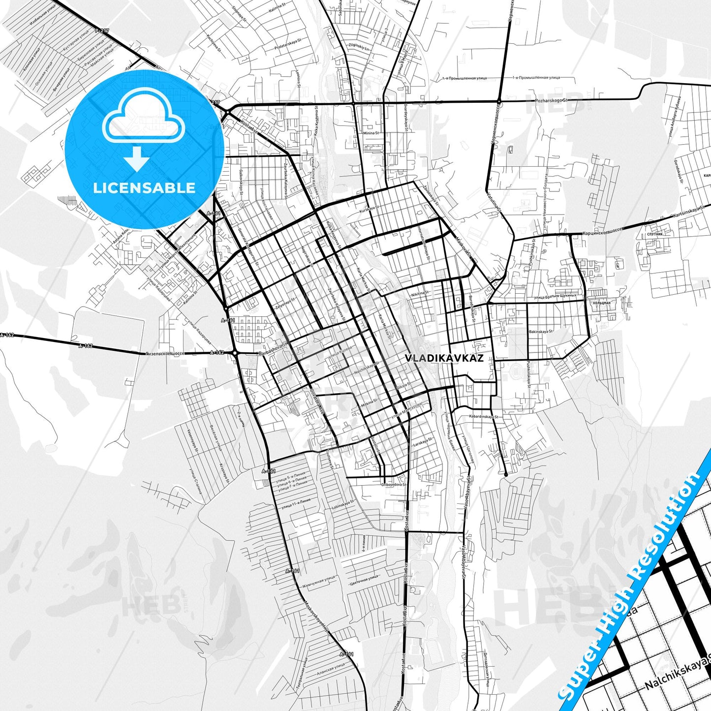 Vladikavkaz, Russia Light Map with Street Names, City Names, and Districts