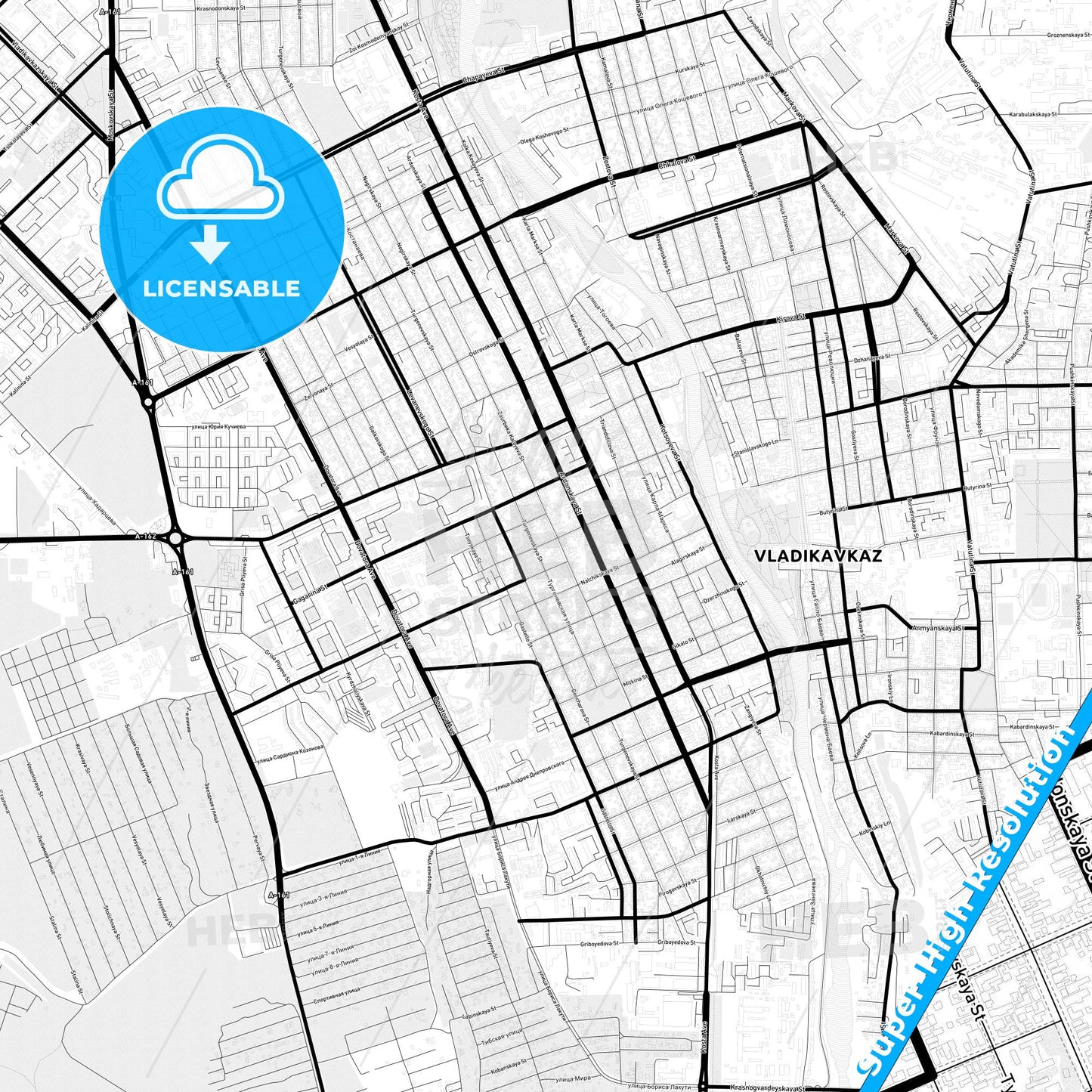 Vladikavkaz, Russia Light Map with Street Names, City Names, and Districts