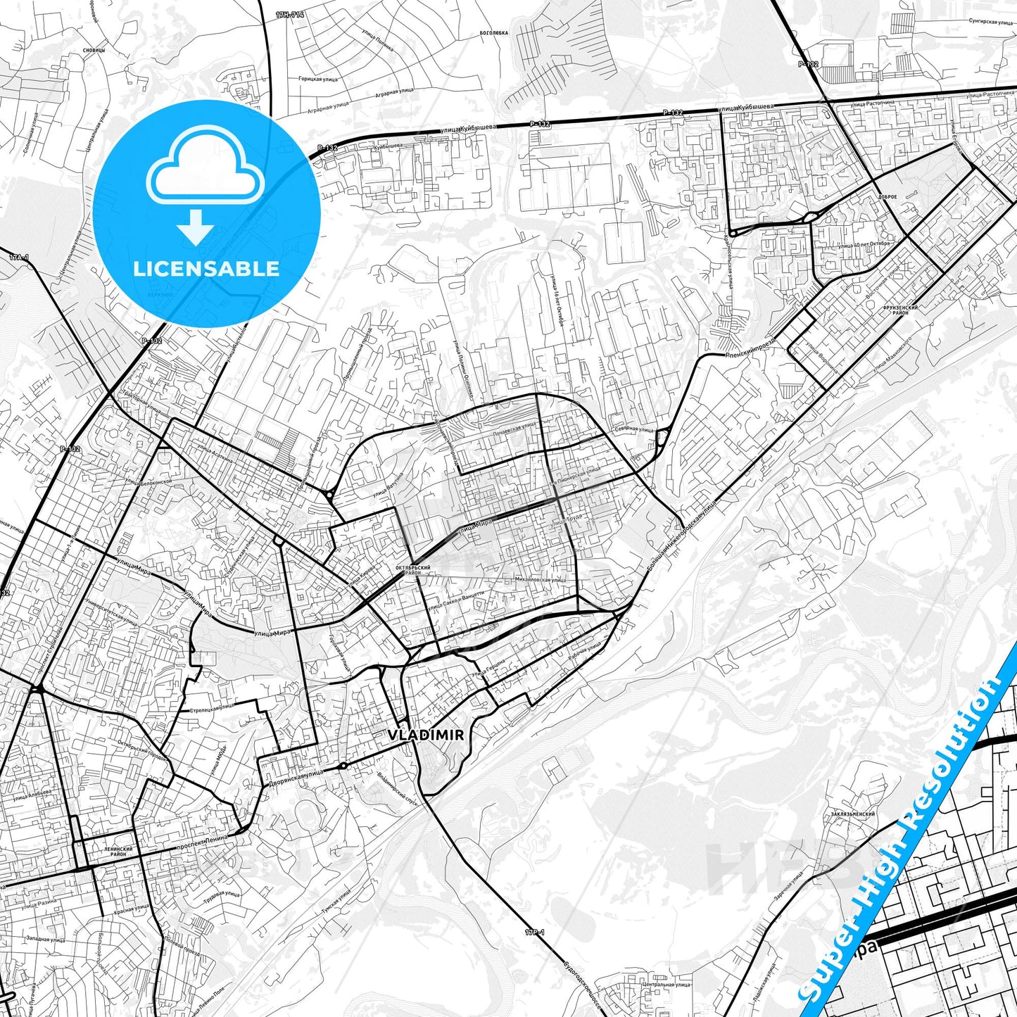 Vladimir, Russia Light Map with Street Names, City Names, and Districts
