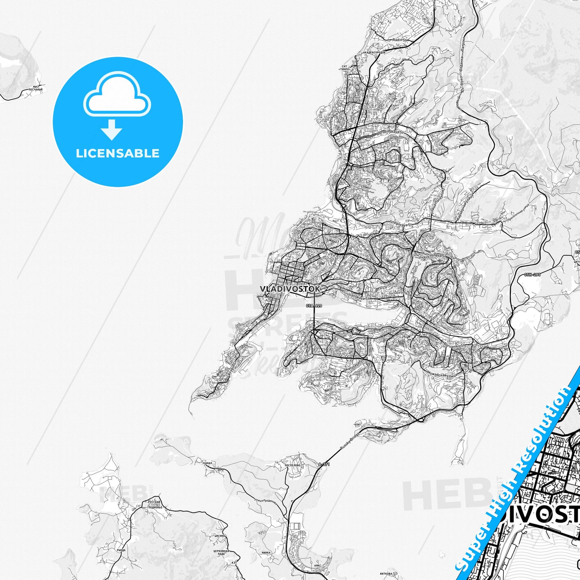 Vladivostok, Russia light map with streetnames, citynames and districts