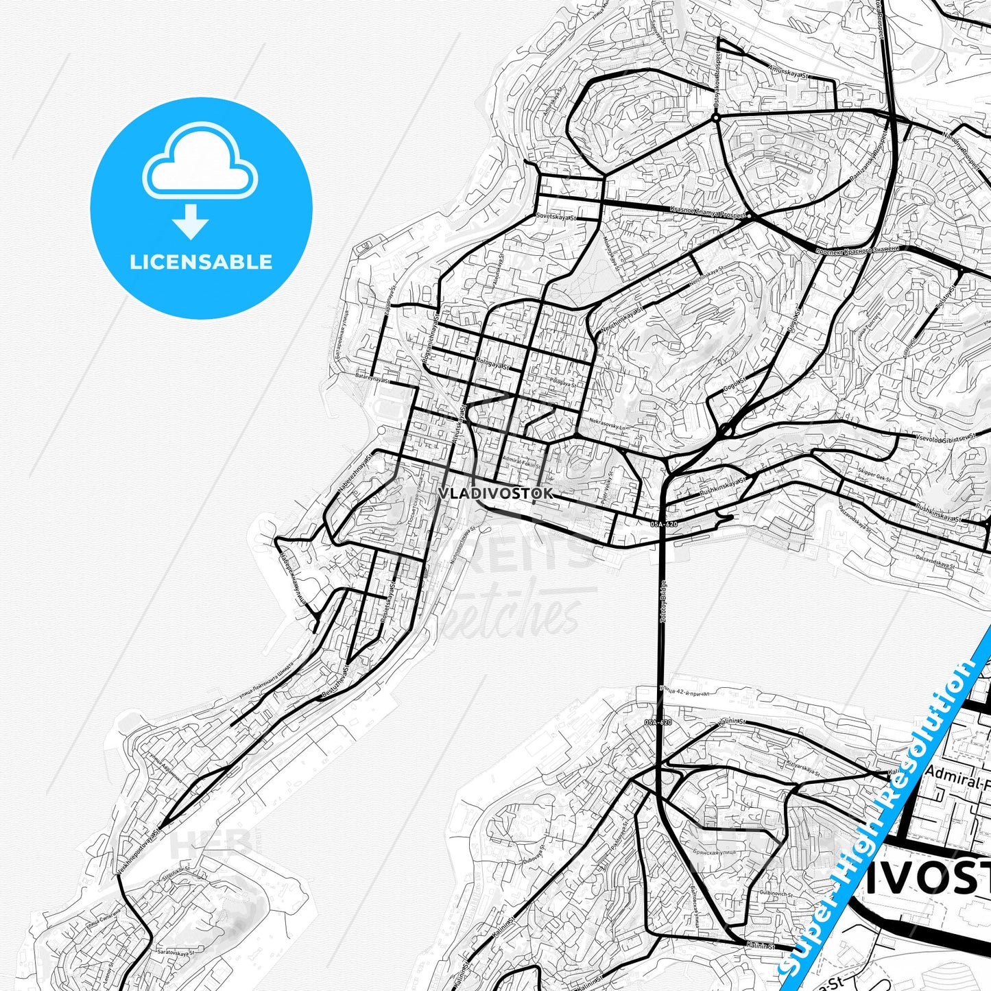 Vladivostok, Russia Light Map with Street Names, City Names, and Districts