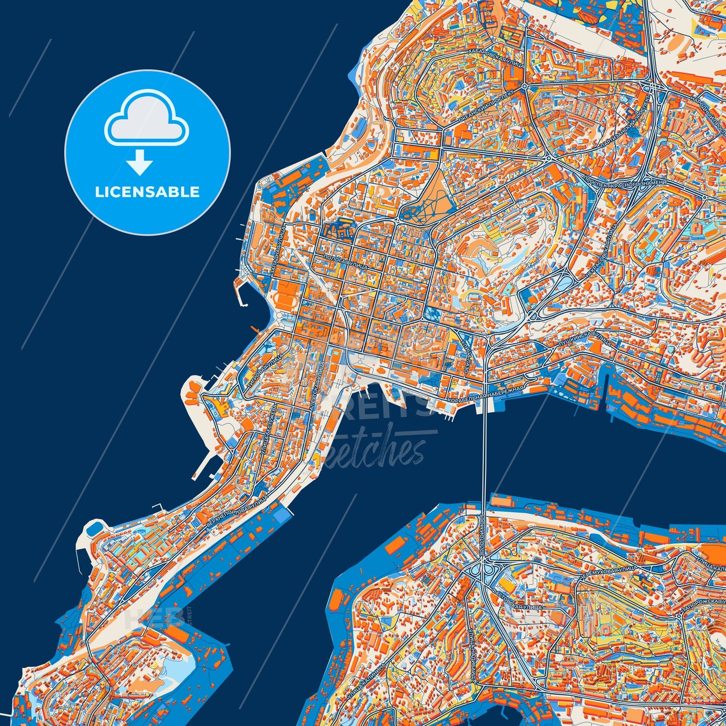 Colorful Vladivostok Street Map with Labels and Buildings