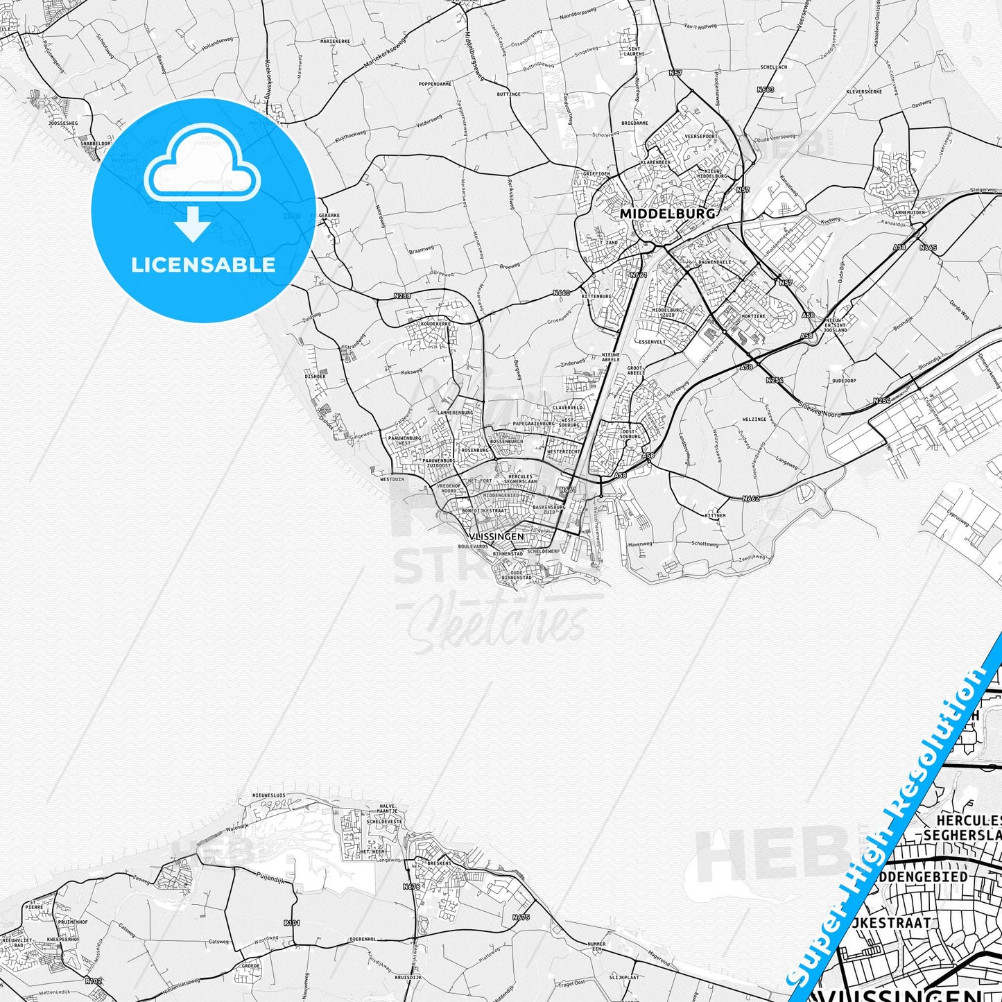 Vlissingen, Netherlands light map with streetnames, citynames and districts
