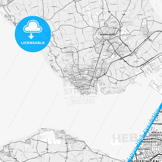 Vlissingen, Netherlands light map with streetnames, citynames and districts