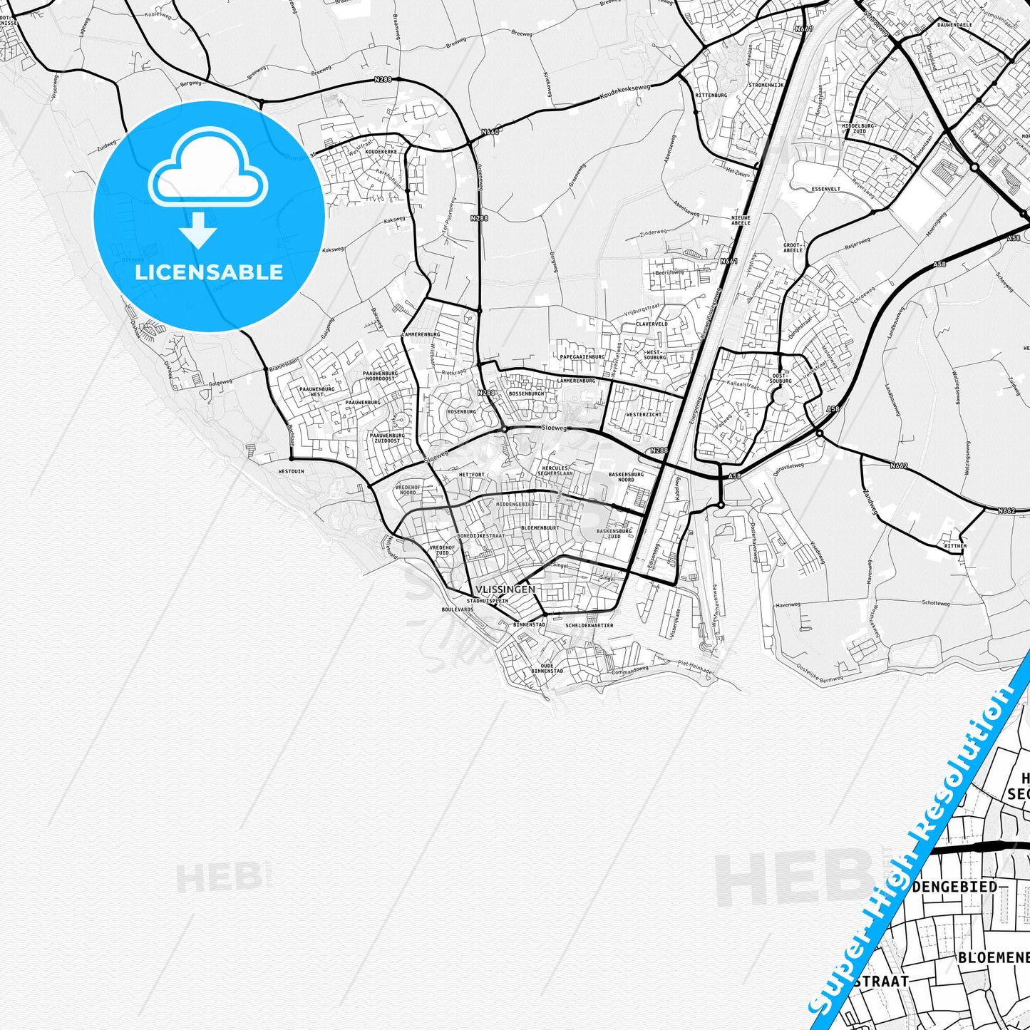 Vlissingen, Netherlands Light Map with Street Names, City Names, and Districts
