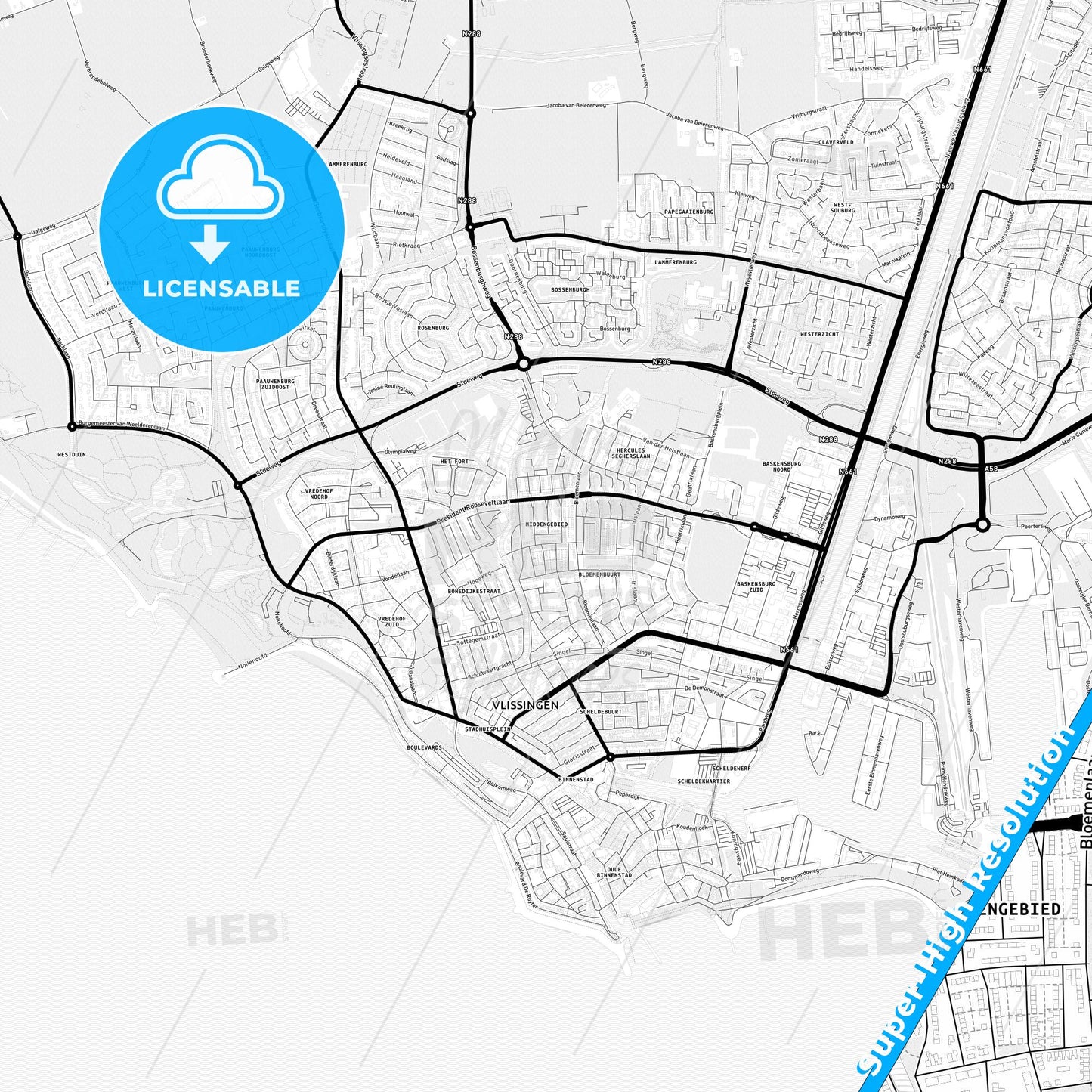 Vlissingen, Netherlands Light Map with Street Names, City Names, and Districts