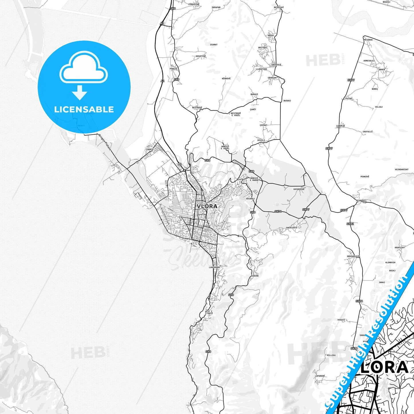 Vlorë, Albania light map with streetnames, citynames and districts