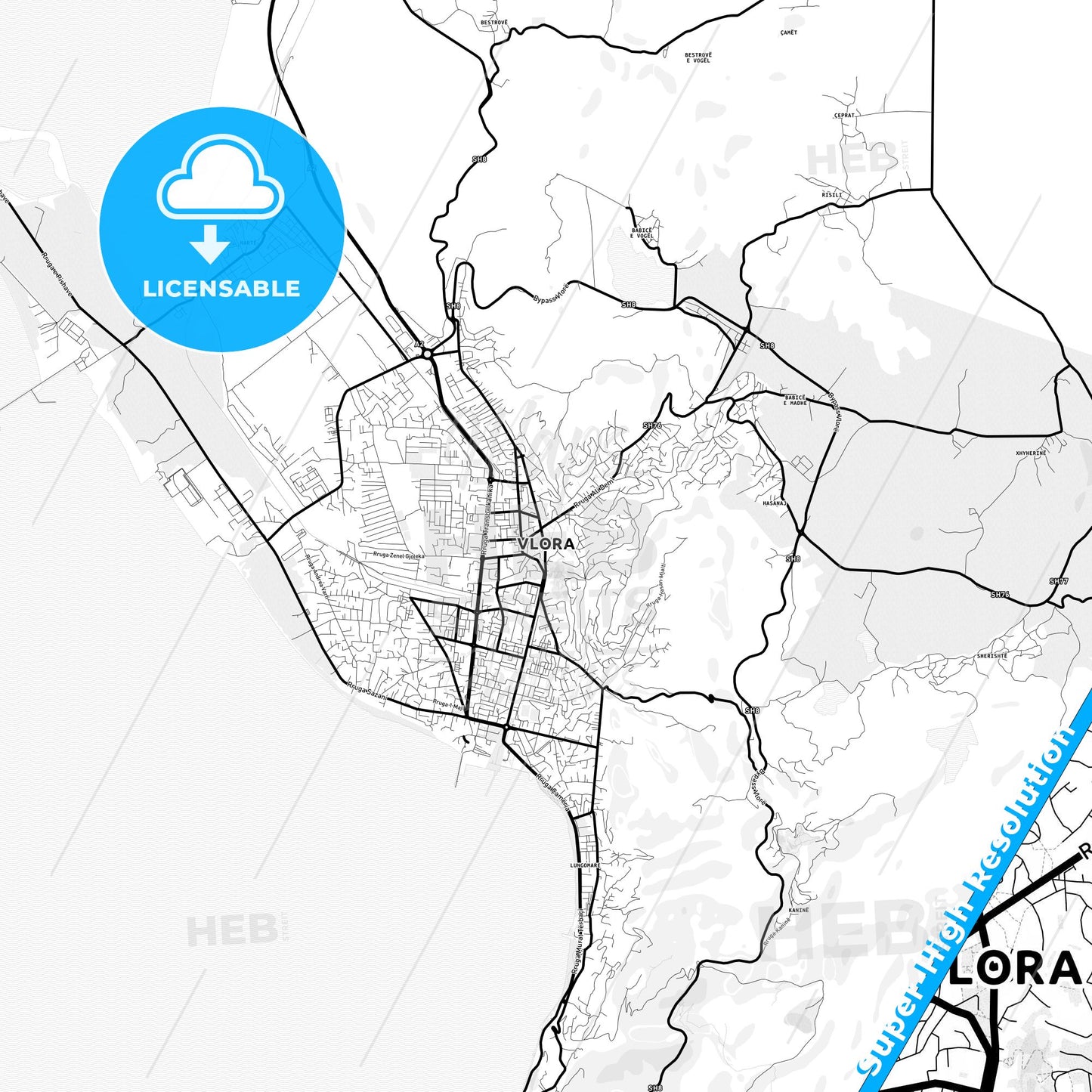 Vlorë, Albania Light Map with Street Names, City Names, and Districts