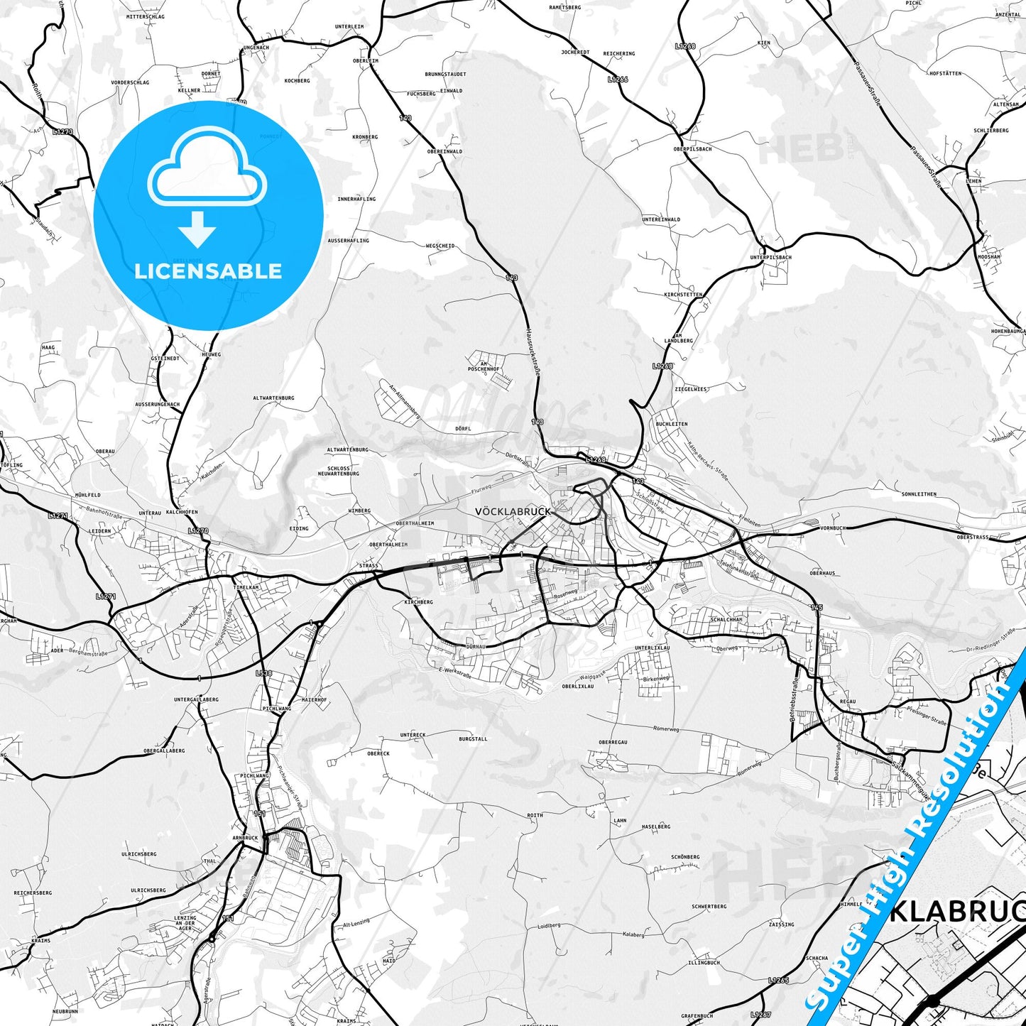 Vöcklabruck, Austria Light Map with Street Names, City Names, and Districts
