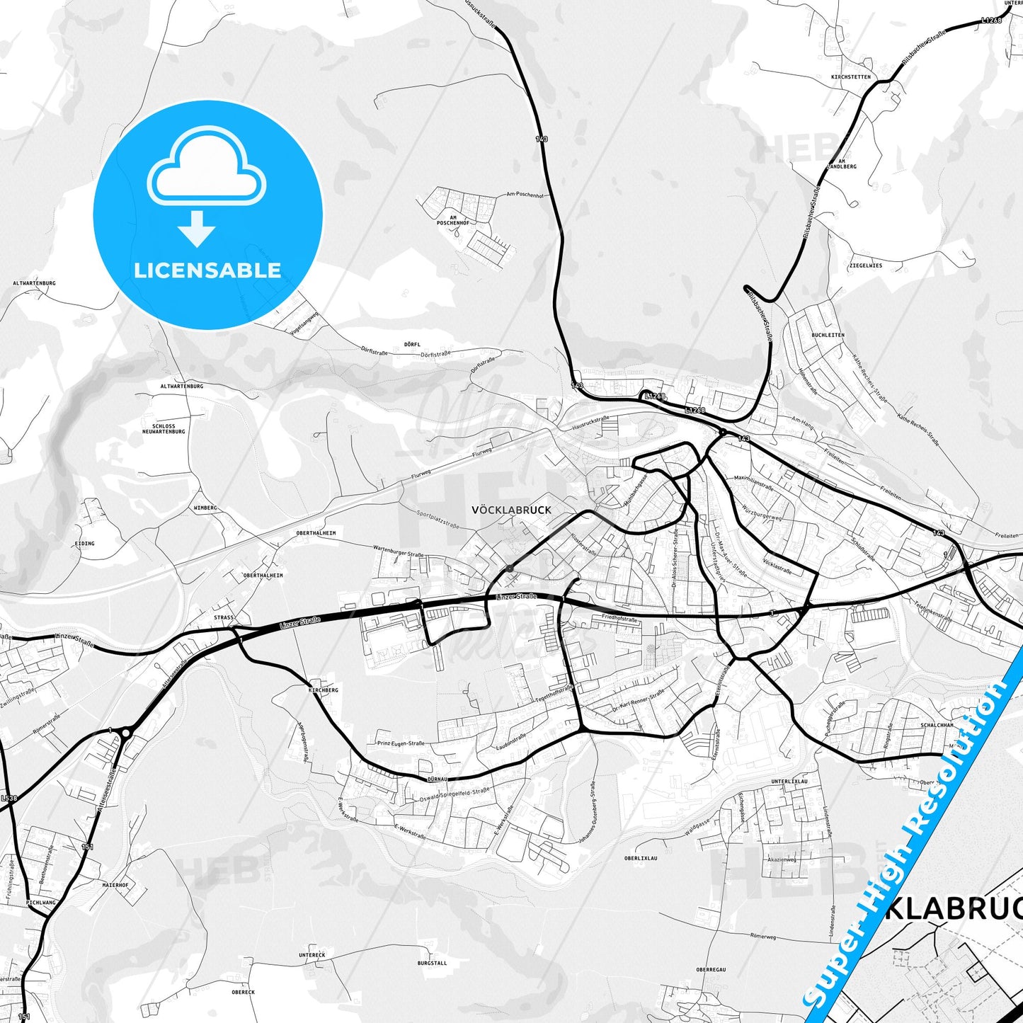 Vöcklabruck, Austria Light Map with Street Names, City Names, and Districts