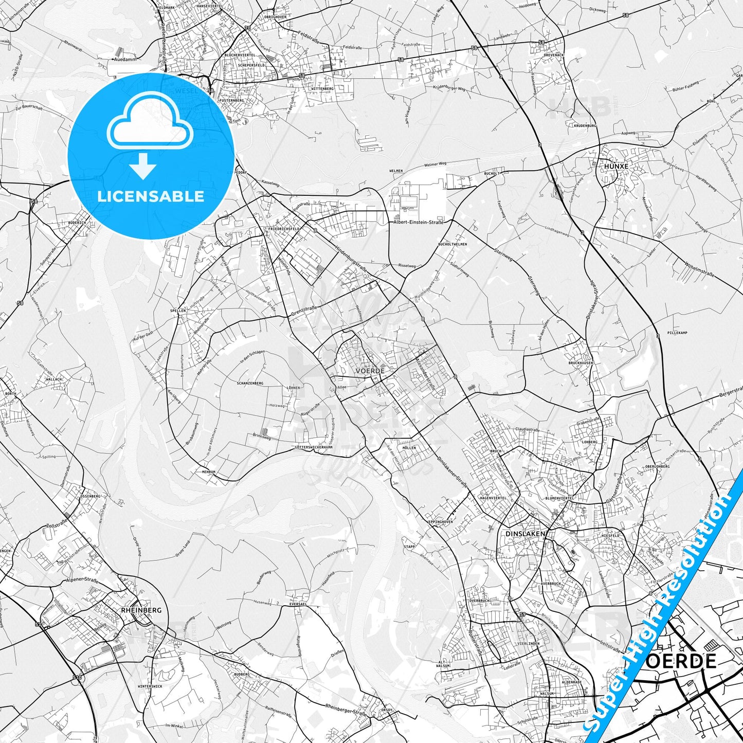 Voerde (Niederrhein), Germany light map with streetnames, citynames and districts