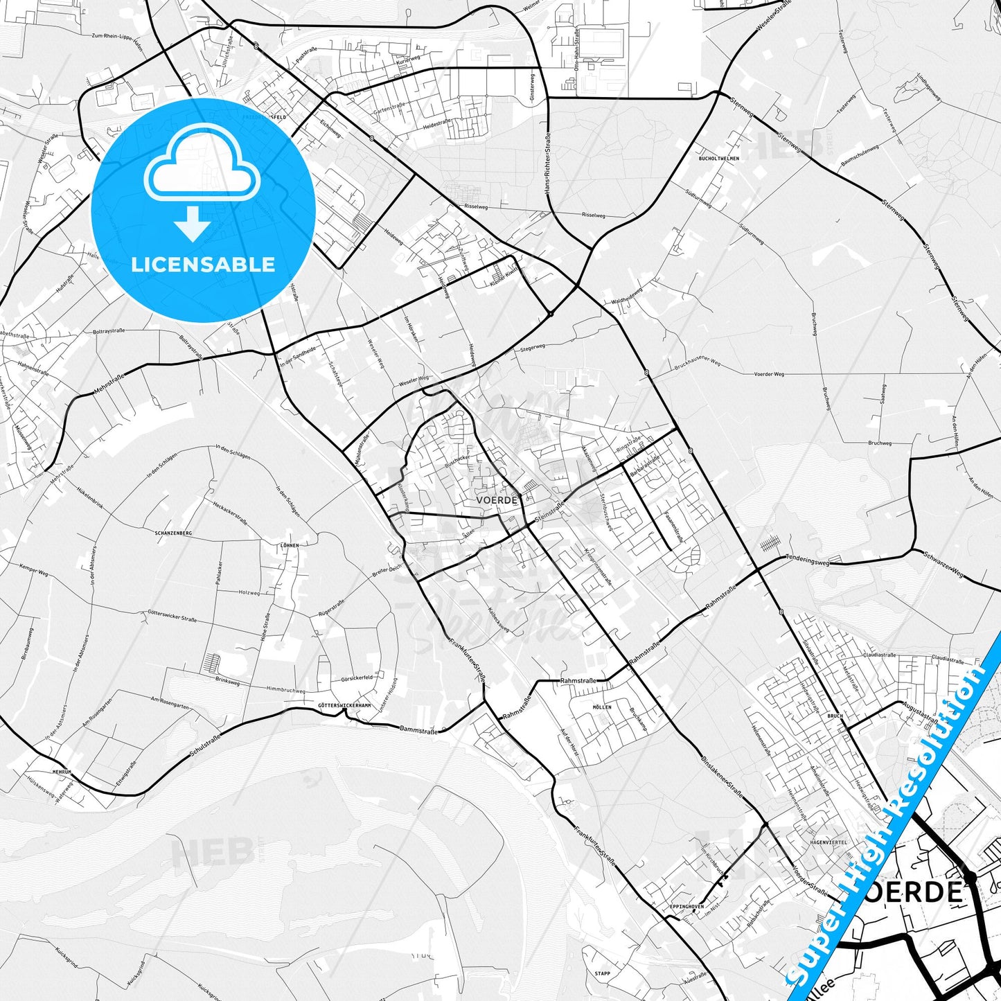 Voerde (Niederrhein), Germany Light Map with Street Names, City Names, and Districts