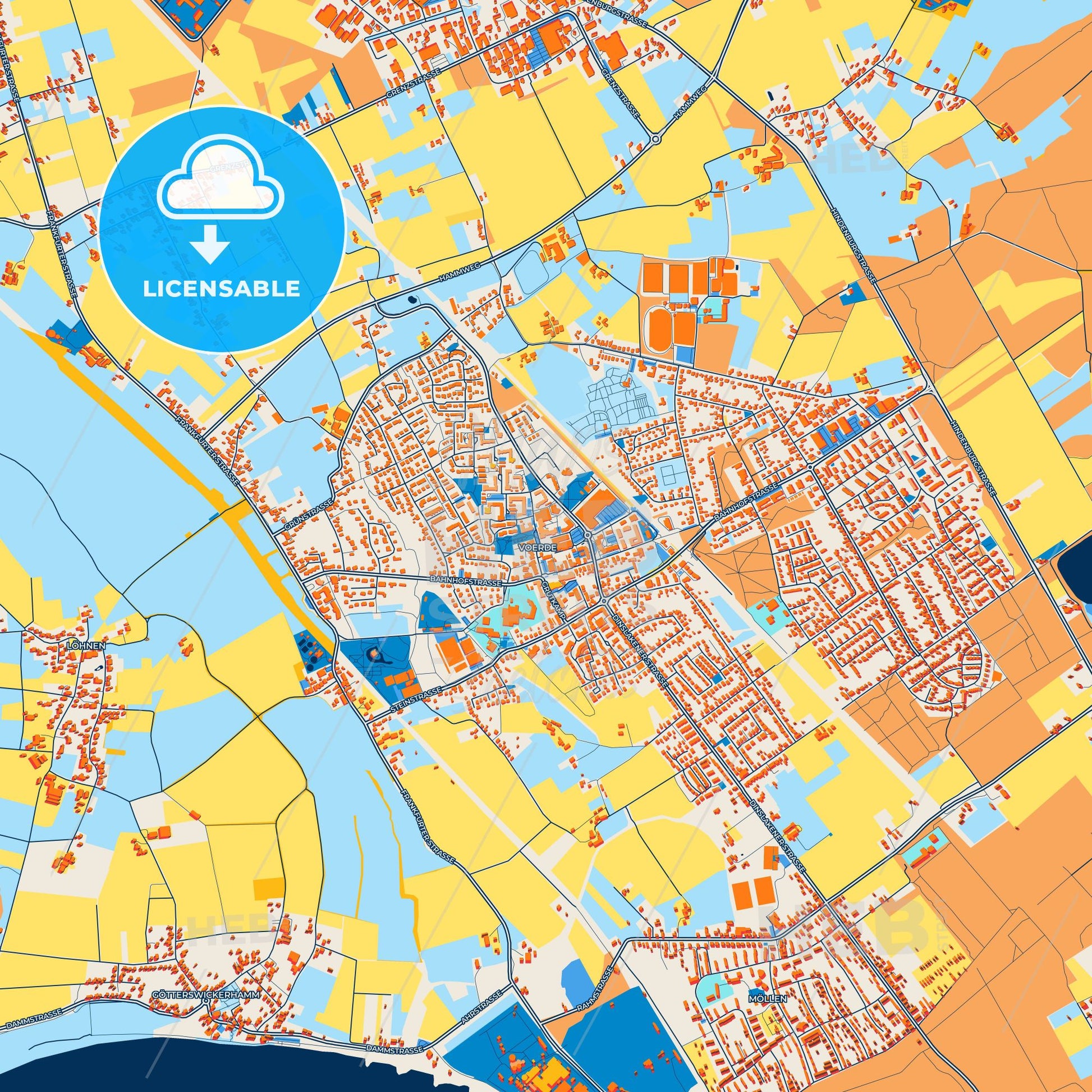 Colorful Voerde (Niederrhein) Street Map with Labels and Buildings