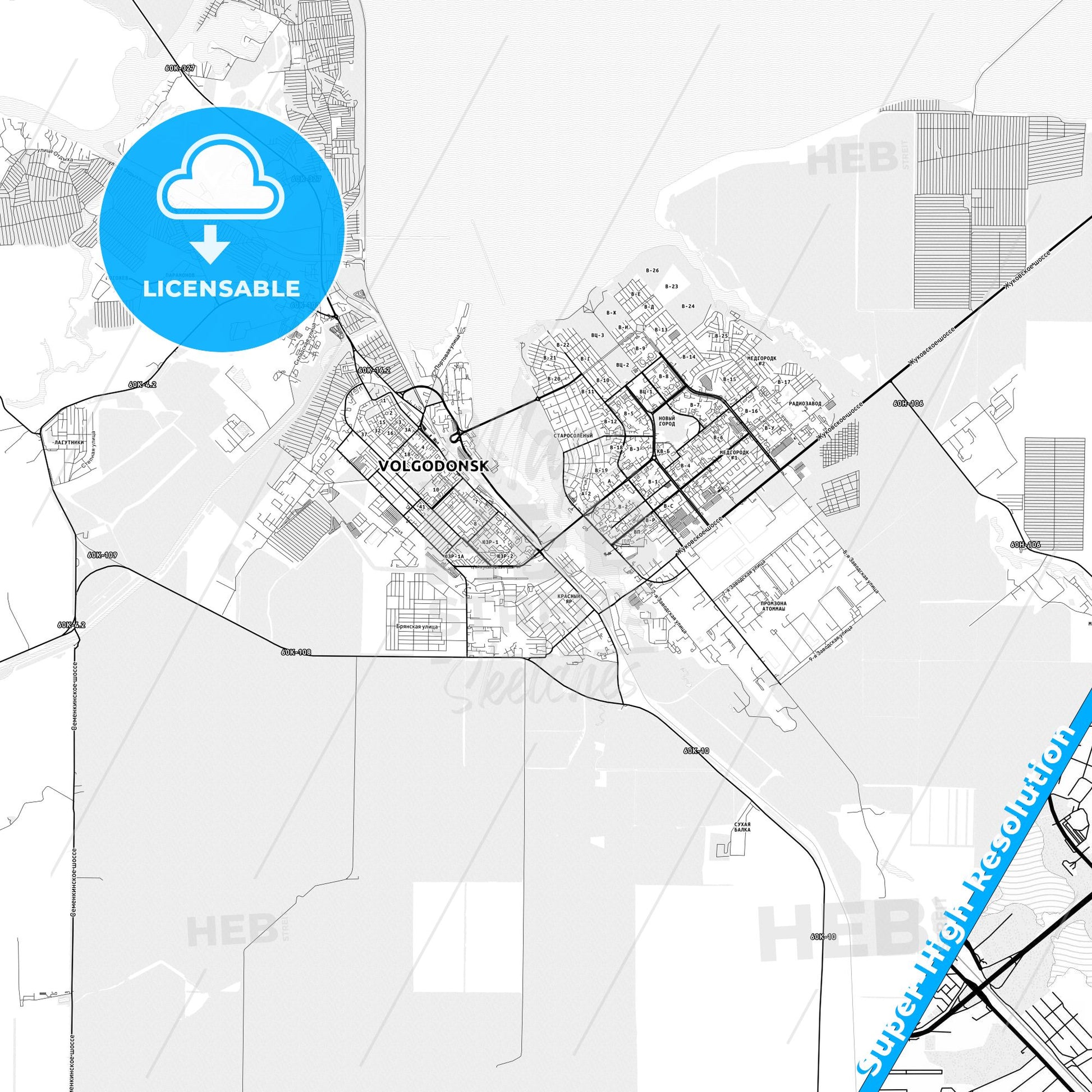 Volgodonsk, Russia light map with streetnames, citynames and districts